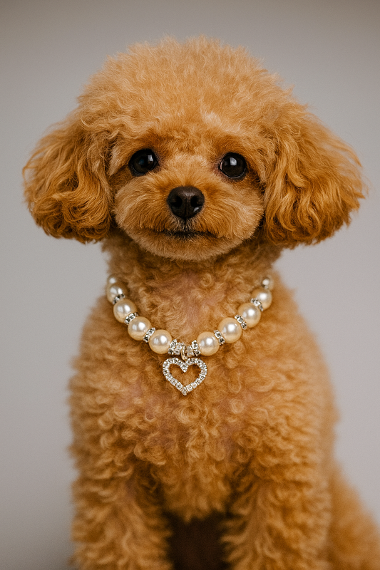 Heart & Pearl Dog Necklace – White Faux Pearl & Crystal Heart Pendant