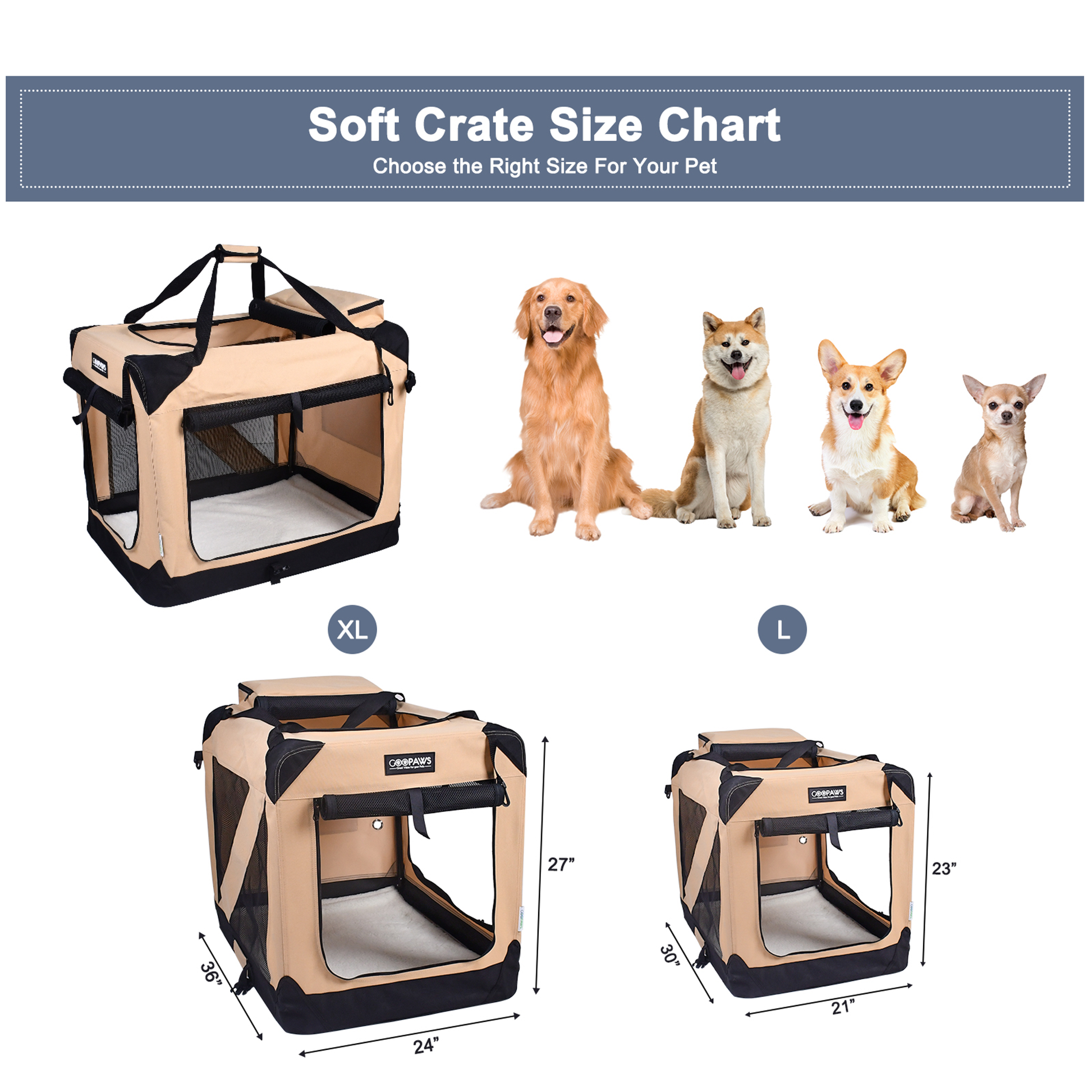 JESPET Soft Pet Crates Kennel, 3 Door Soft Sided Folding Travel Pet Carrier with Straps and Fleece Mat for Dogs, Cats, Rabbits, Indoor/Outdoor Use with Grey, Blue & Beige, Black