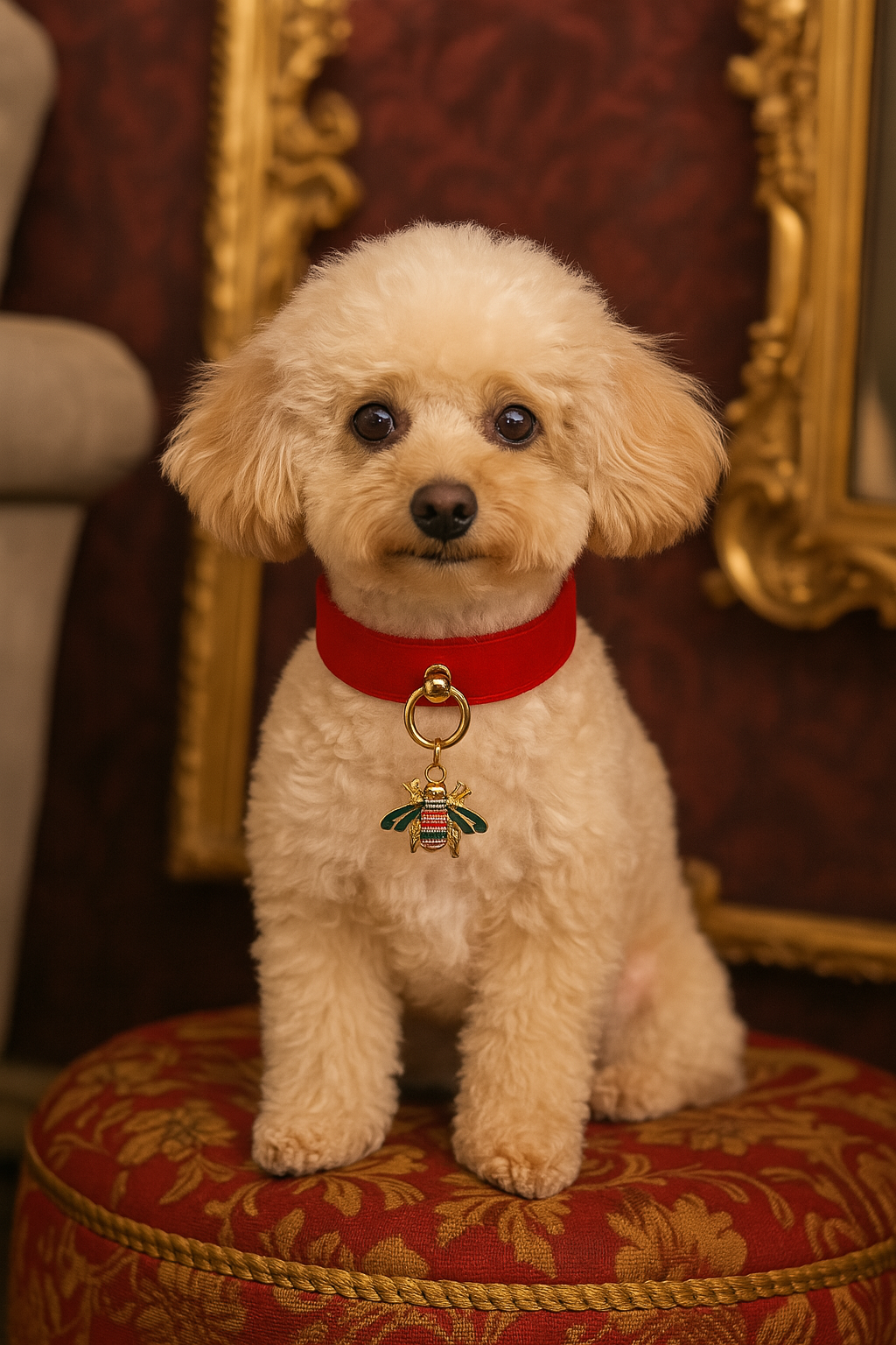 Red Velvet Bee Dog Collar – Tapered Fit with Rhinestone Bee Pendant