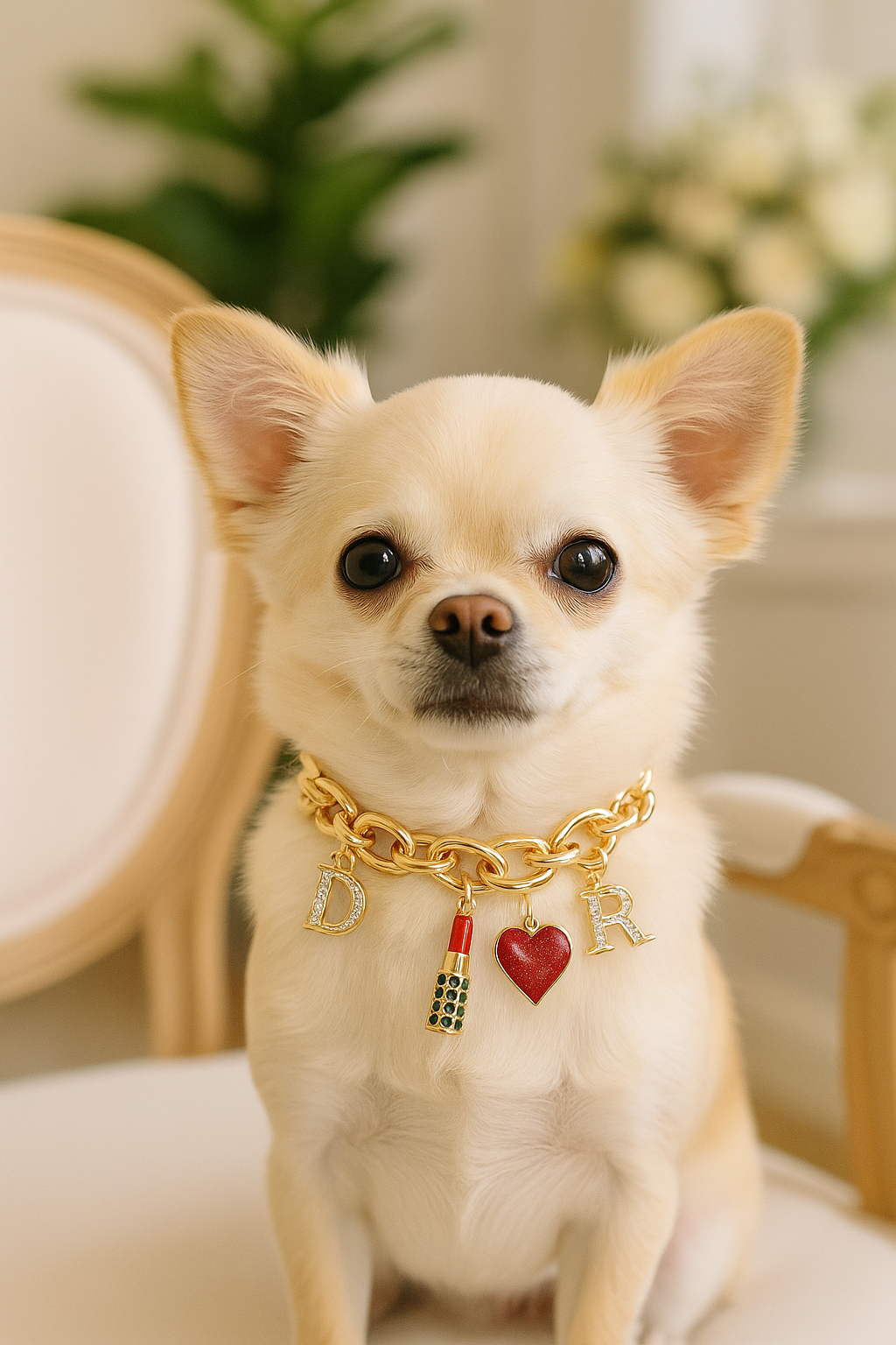 Diorable Lipstick Charm Dog Collar – Designer-Inspired Gold Chain with Enamel Charms