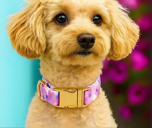 French Lavender Ink Blot Dog Collar – Designer Print by Danika Herrick | Luxe Periwinkle & Gold Hardware