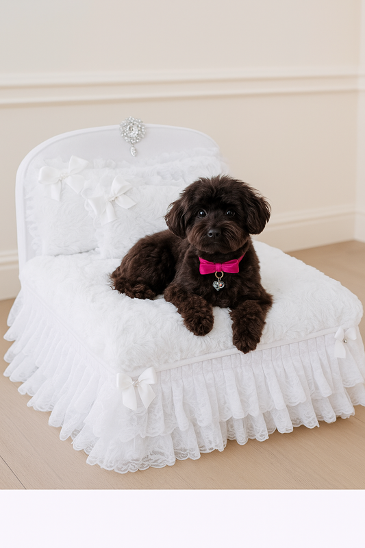 Enchanted Nights Dog Bed by Hello Doggie – Luxury Lace Pet Bed with Crystal Brooch & Satin Bows