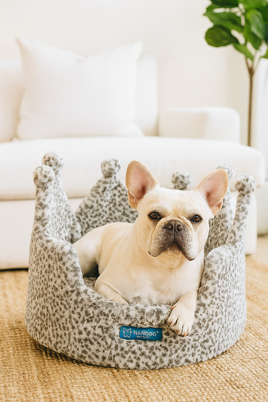 Leopard Crown Dog & Cat Bed – Large Gray Plush Throne for Medium to Large Pets