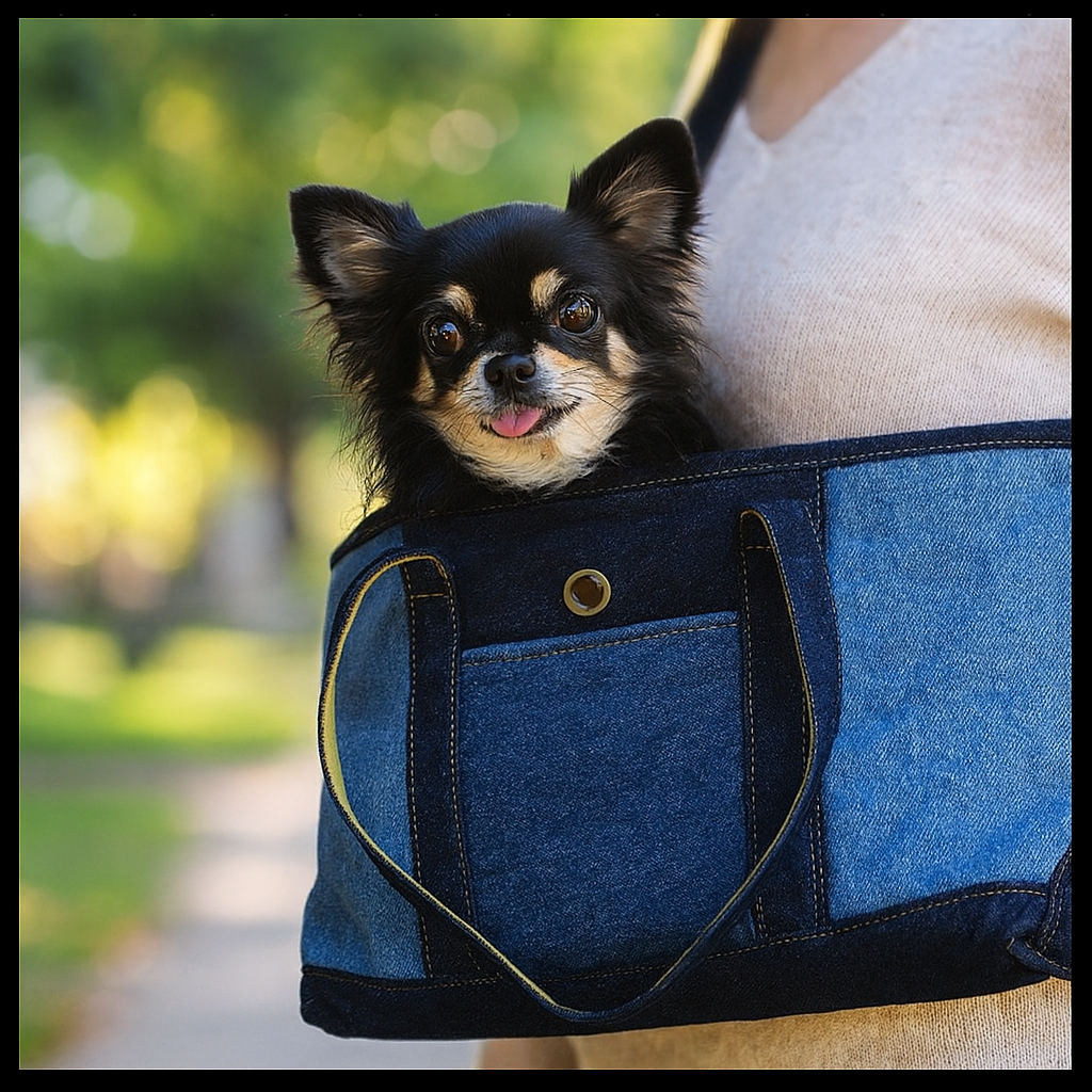 Patched Denim Dog Carrier Tote – Handmade, Soft-Sided Pet Travel Bag with Leash Clip & Washable Lining