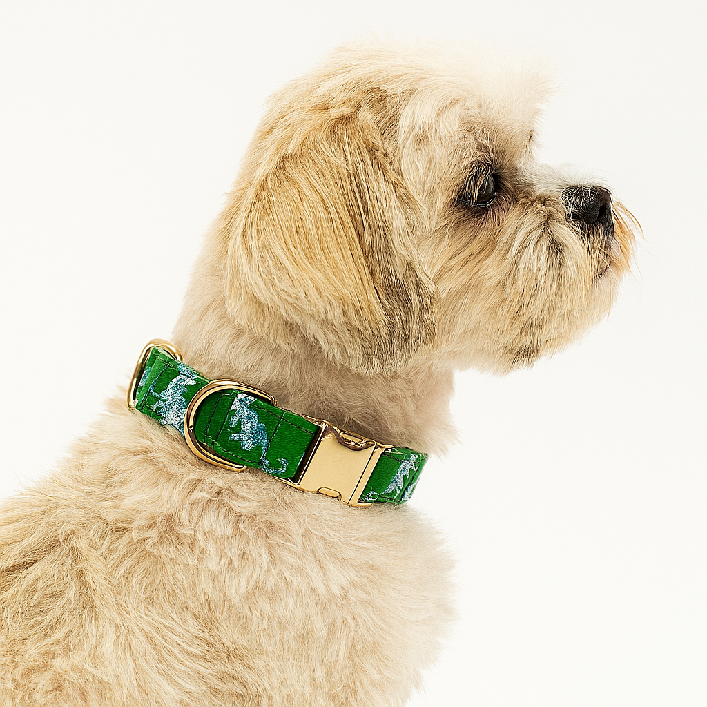 Leopard Parade Classic Dog Collar XS – Blue Leopard Print on Green, Gold Hardware