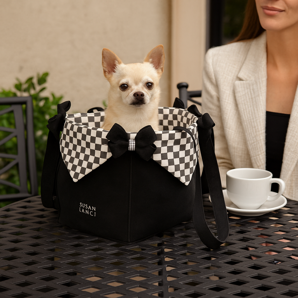 Luxury Ultrasuede Dog Purse – Designer Crystal-Bow Carrier for Small Dogs up to 12 lbs