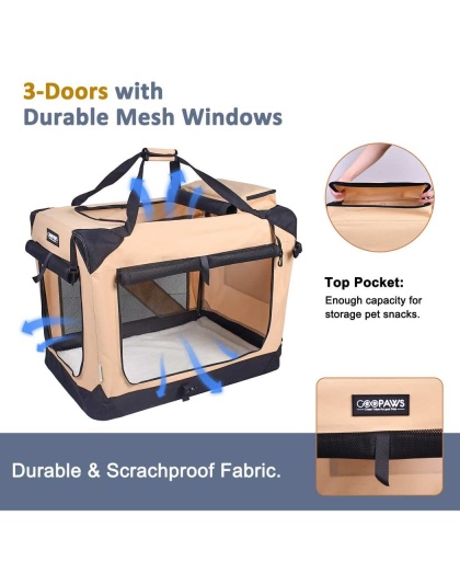 Beige - JESPET Soft Pet Crates Kennel, 3 Door Soft Sided Folding Travel Pet Carrier with Straps and Fleece Mat for Dogs, Cats, Rabbits, Indoor/Outdoor Use with Grey, Blue & Beige, Black - 36"L x 24"W x 27"H Beige - JESPET Soft Pet Crates Kennel, 3 Door Soft Sided Folding Travel Pet Carrier with Straps and Fleece Mat for Dogs, Cats, Rabbits, Indoor/Outdoor Use with Grey, Blue & Beige, Black - 36"L x 24"W x 27"H