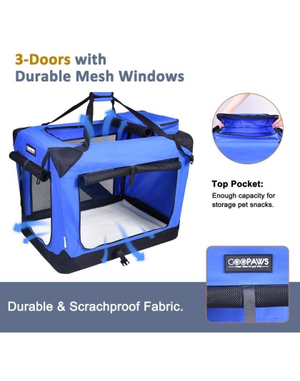 Blue - JESPET Soft Pet Crates Kennel, 3 Door Soft Sided Folding Travel Pet Carrier with Straps and Fleece Mat for Dogs, Cats, Rabbits, Indoor/Outdoor Use with Grey, Blue & Beige, Black - 36"L x 24"W x 27"H Blue - JESPET Soft Pet Crates Kennel, 3 Door Soft Sided Folding Travel Pet Carrier with Straps and Fleece Mat for Dogs, Cats, Rabbits, Indoor/Outdoor Use with Grey, Blue & Beige, Black - 36"L x 24"W x 27"H