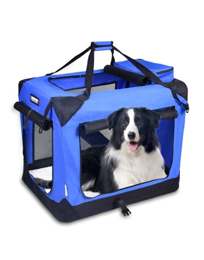 Blue - JESPET Soft Pet Crates Kennel, 3 Door Soft Sided Folding Travel Pet Carrier with Straps and Fleece Mat for Dogs, Cats, Rabbits, Indoor/Outdoor Use with Grey, Blue & Beige, Black - 30"L x 21"W x 23"H Blue - JESPET Soft Pet Crates Kennel, 3 Door Soft Sided Folding Travel Pet Carrier with Straps and Fleece Mat for Dogs, Cats, Rabbits, Indoor/Outdoor Use with Grey, Blue & Beige, Black - 30"L x 21"W x 23"H