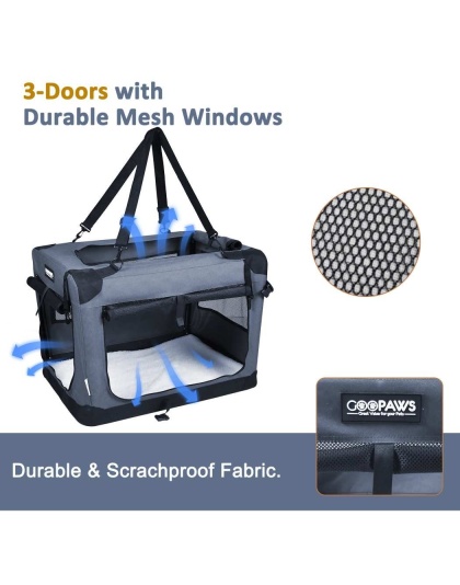 Grey - JESPET Soft Pet Crates Kennel, 3 Door Soft Sided Folding Travel Pet Carrier with Straps and Fleece Mat for Dogs, Cats, Rabbits, Indoor/Outdoor Use with Grey, Blue & Beige, Black - 26"L x 20"W x 20"H Grey - JESPET Soft Pet Crates Kennel, 3 Door Soft Sided Folding Travel Pet Carrier with Straps and Fleece Mat for Dogs, Cats, Rabbits, Indoor/Outdoor Use with Grey, Blue & Beige, Black - 26"L x 20"W x 20"H