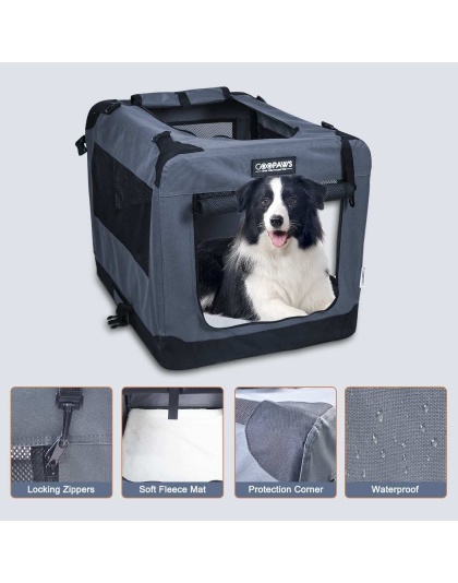 Grey - JESPET Soft Pet Crates Kennel, 3 Door Soft Sided Folding Travel Pet Carrier with Straps and Fleece Mat for Dogs, Cats, Rabbits, Indoor/Outdoor Use with Grey, Blue & Beige, Black - 26"L x 20"W x 20"H Grey - JESPET Soft Pet Crates Kennel, 3 Door Soft Sided Folding Travel Pet Carrier with Straps and Fleece Mat for Dogs, Cats, Rabbits, Indoor/Outdoor Use with Grey, Blue & Beige, Black - 26"L x 20"W x 20"H