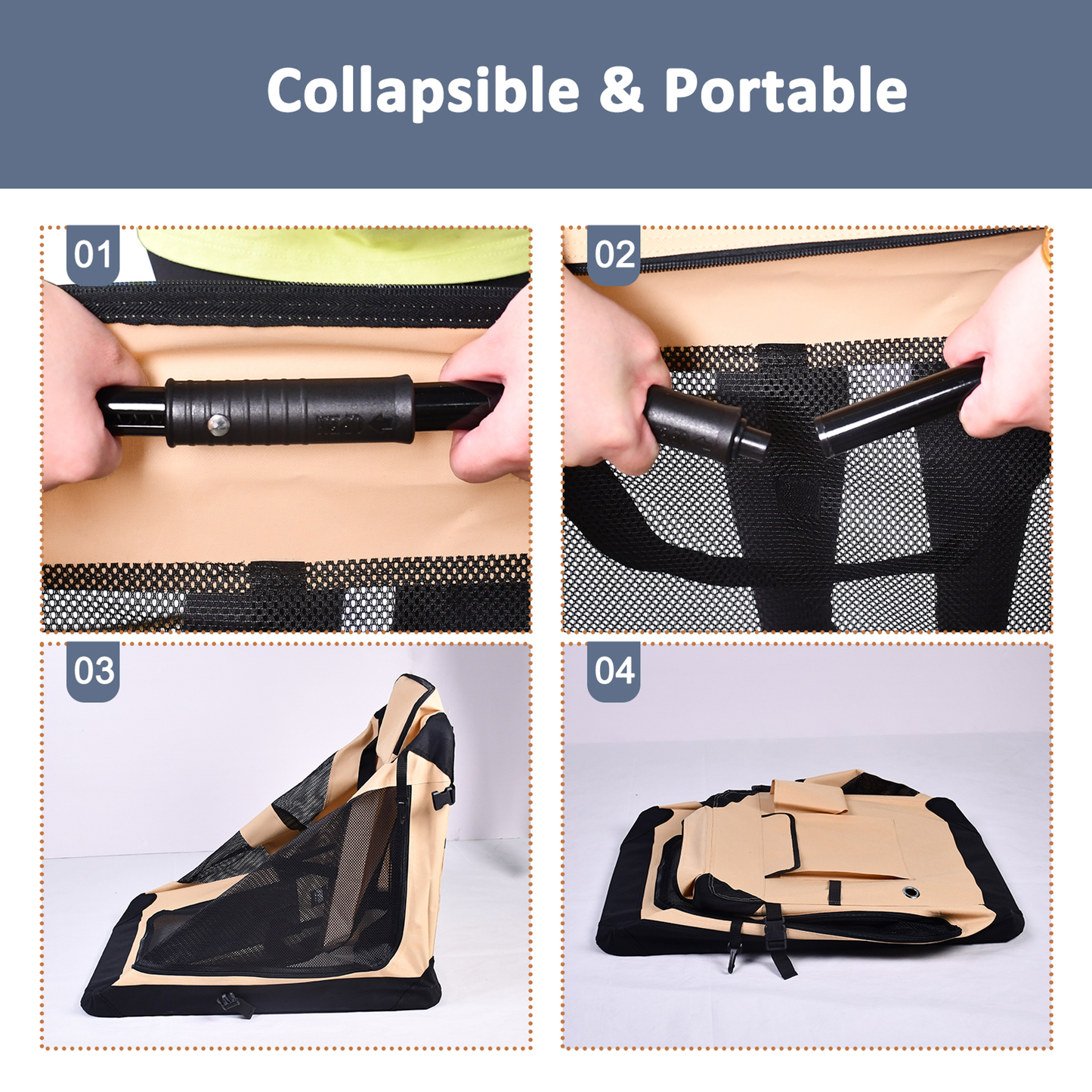 JESPET Soft Pet Crates Kennel, 3 Door Soft Sided Folding Travel Pet Carrier with Straps and Fleece Mat for Dogs, Cats, Rabbits, Indoor/Outdoor Use with Grey, Blue & Beige, Black