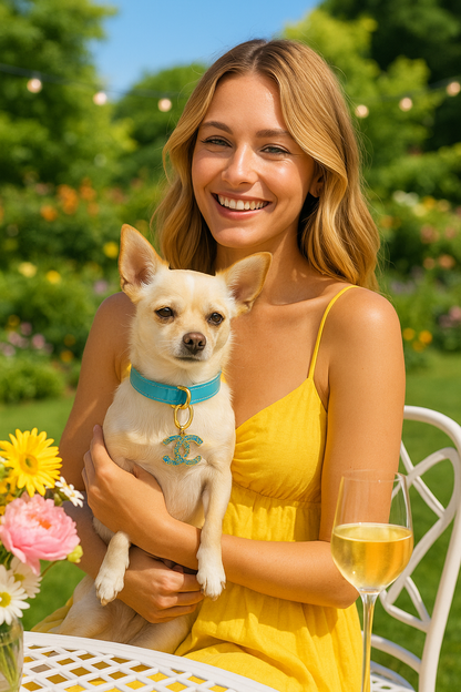 Luxury Teal Vegan-Leather Dog Collar with Crystal CC Logo – 10″ Designer Pet Necklace