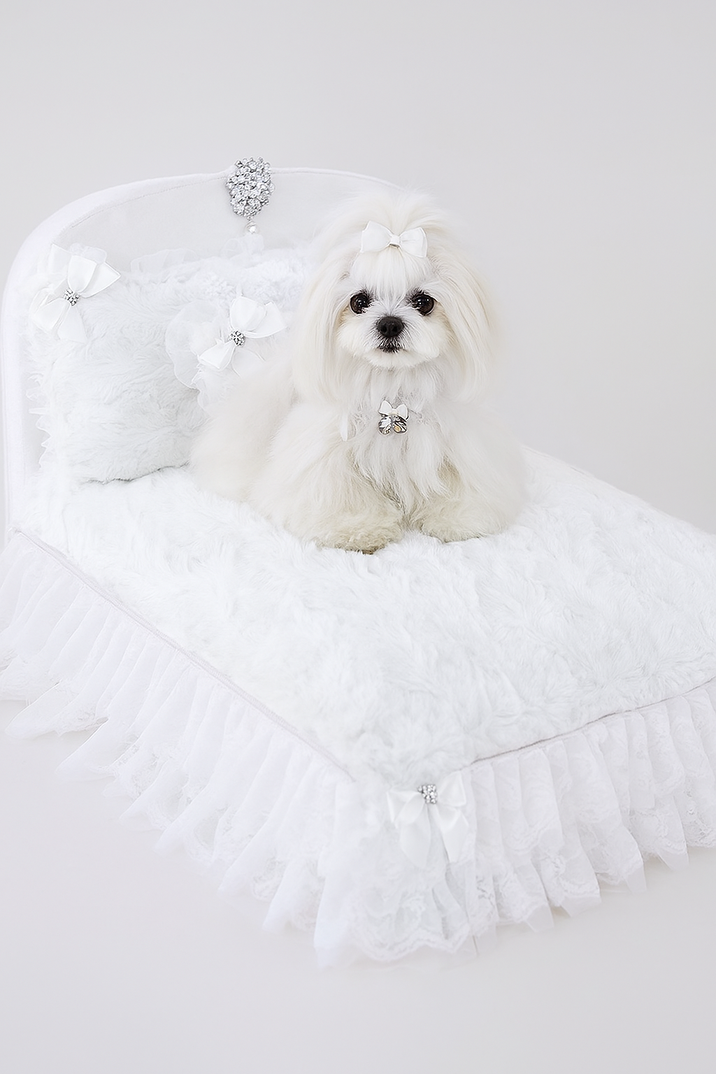 Enchanted Nights Dog Bed by Hello Doggie – Luxury Lace Pet Bed with Crystal Brooch & Satin Bows