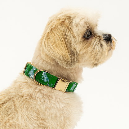Leopard Parade Classic Dog Collar XS – Blue Leopard Print on Green, Gold Hardware