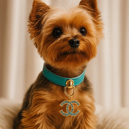 Luxury Teal Vegan-Leather Dog Collar with Crystal CC Logo – 10″ Designer Pet Necklace