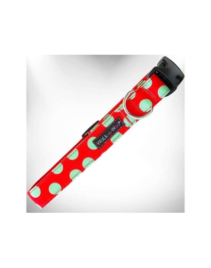 Mint Green Dot on Red - Polka Dot Dog Collars - XL 1.5" wide fits 18-28" neck