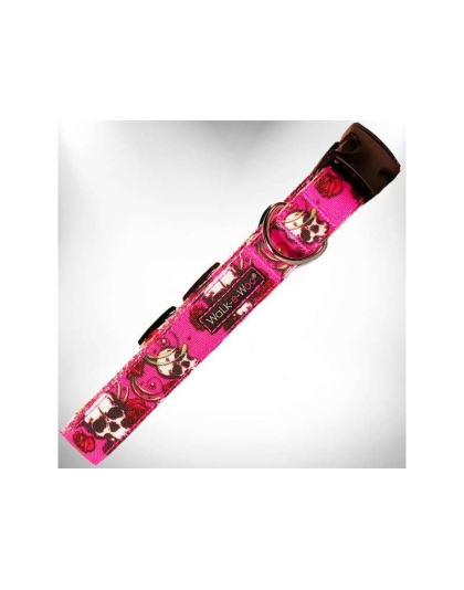 Pink Skulls n' Roses - Tattoo Dog Collars - S 3/4" width fits 10-14" neck