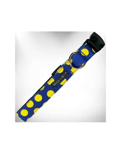 Yellow Dot on Blue - Polka Dot Dog Collars - M 1" width fits 12-18" neck