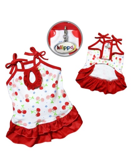 Red/White - Soft Knit Cotton Cherries Dress w/Shoulder Ties - M